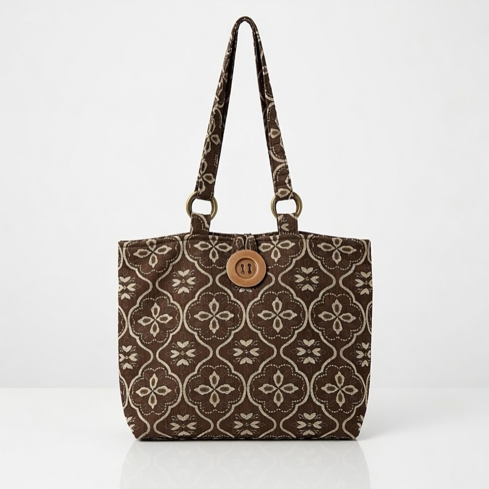 TEXTILE BROCADE JACQUARD BROWN WOODEN BUTTON SHOULDER BAG PURSE TOTE